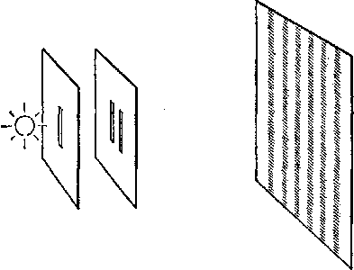 Источник света освещает две параллельные щели в экране. Изображение щелей состоит из серии светлых и темных полос.